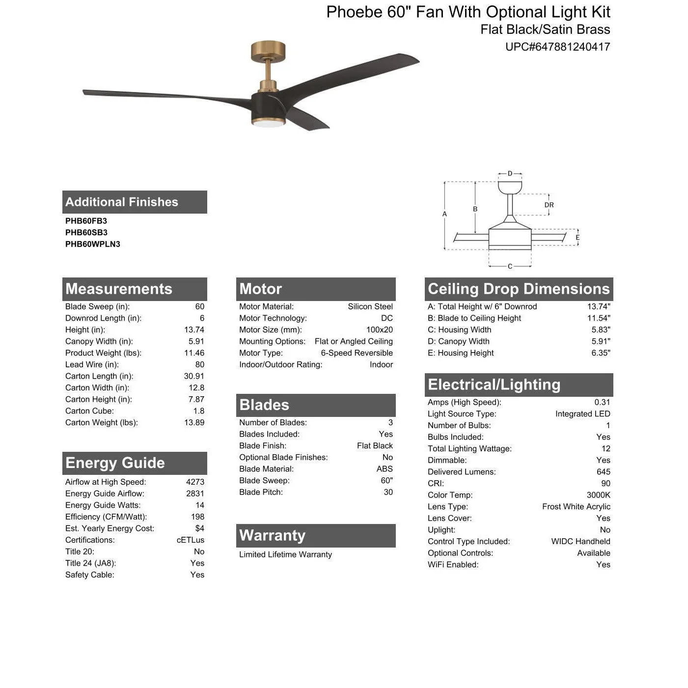 60" Phoebe in Flat Black/Satin Brass w/ Flat Black Blades