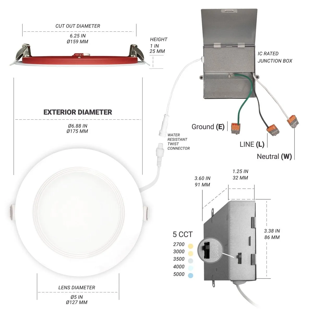 6" Inch Baffle Trim 2 Hour Fire Rated Recessed Light Slim Canless LED Wafer Lights - Wet Rated - 5CCT 2700K-5000K - 1200LM