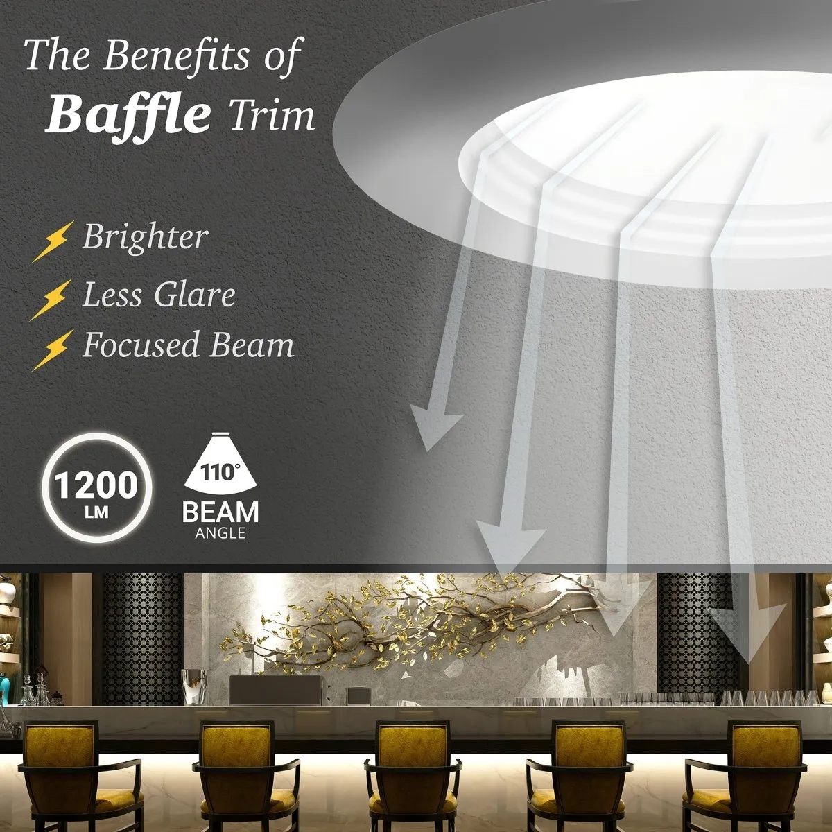 6" Inch Baffle Trim 2 Hour Fire Rated Recessed Light Slim Canless LED Wafer Lights - Wet Rated - 5CCT 2700K-5000K - 1200LM