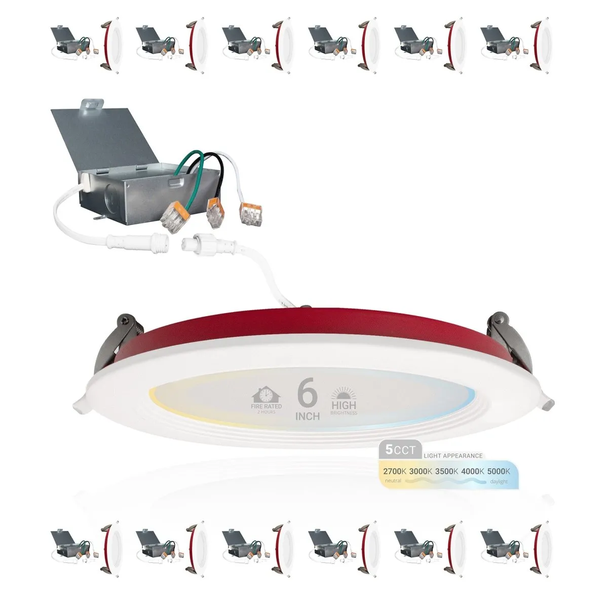 6" Inch Baffle Trim 2 Hour Fire Rated Recessed Light Slim Canless LED Wafer Lights - Wet Rated - 5CCT 2700K-5000K - 1200LM