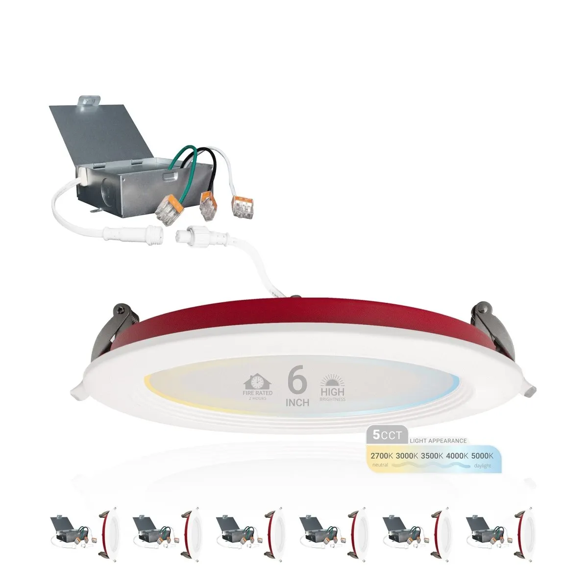 6" Inch Baffle Trim 2 Hour Fire Rated Recessed Light Slim Canless LED Wafer Lights - Wet Rated - 5CCT 2700K-5000K - 1200LM