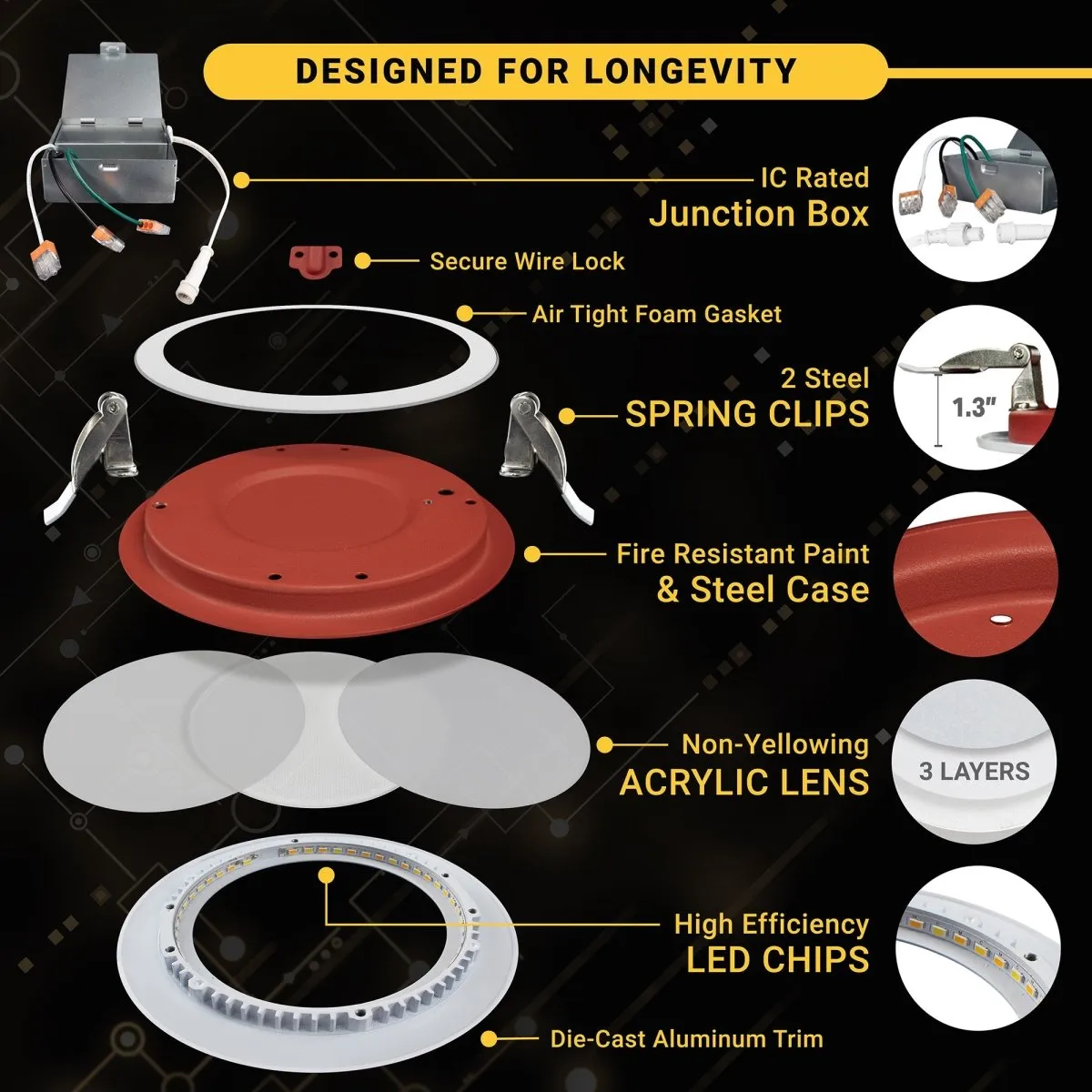 6" Inch Baffle Trim 2 Hour Fire Rated Recessed Light Slim Canless LED Wafer Lights - Wet Rated - 5CCT 2700K-5000K - 1200LM