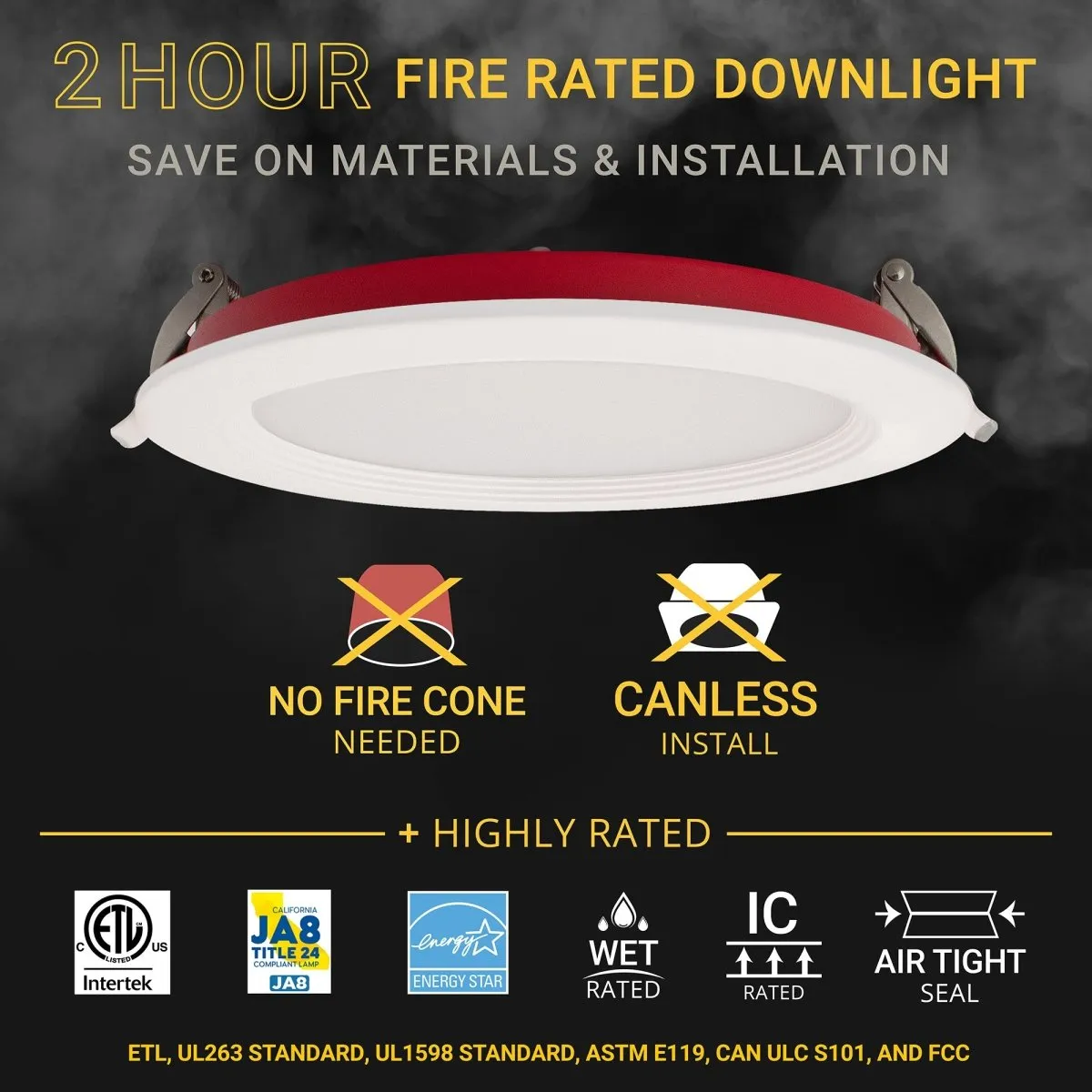 6" Inch Baffle Trim 2 Hour Fire Rated Recessed Light Slim Canless LED Wafer Lights - Wet Rated - 5CCT 2700K-5000K - 1200LM