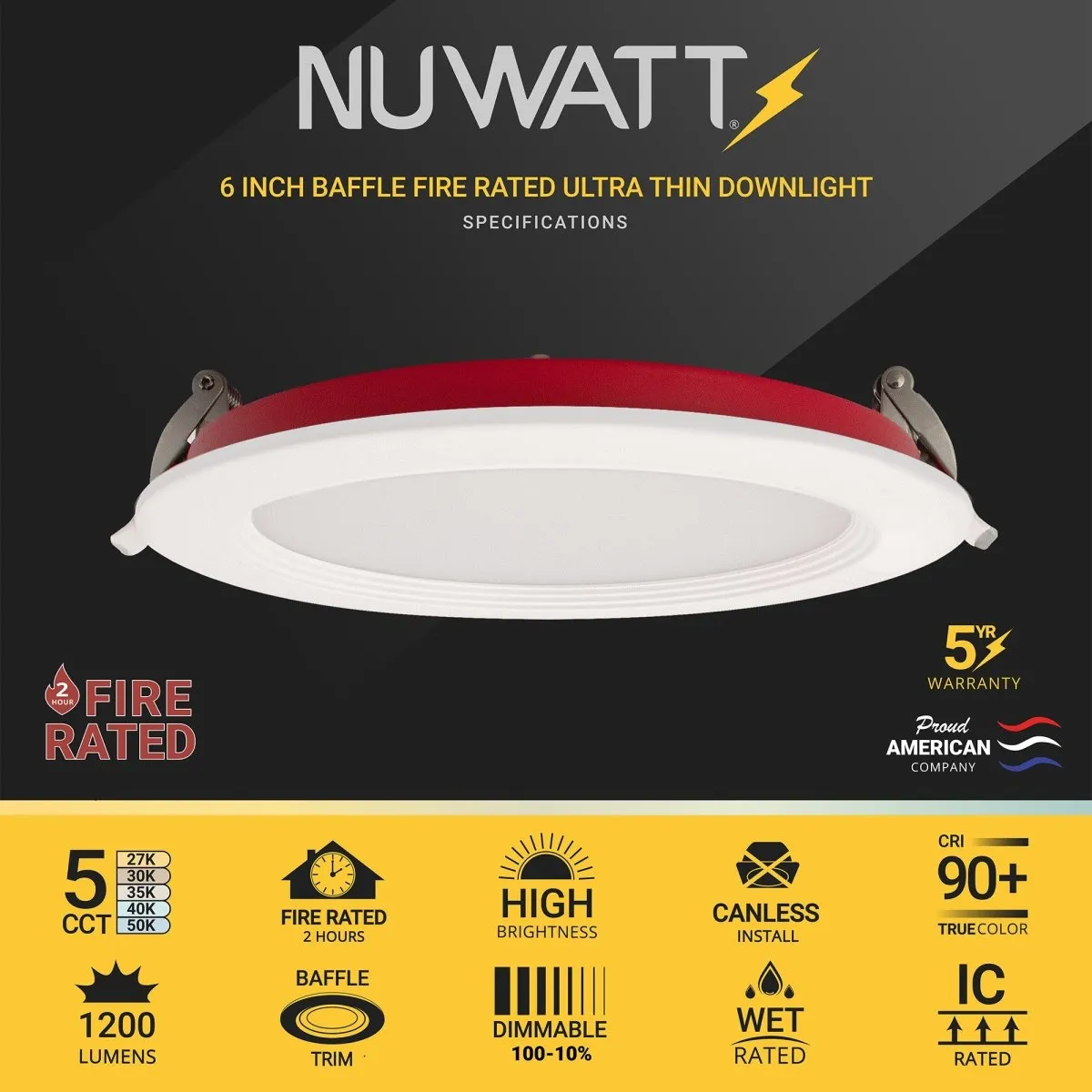 6" Inch Baffle Trim 2 Hour Fire Rated Recessed Light Slim Canless LED Wafer Lights - Wet Rated - 5CCT 2700K-5000K - 1200LM