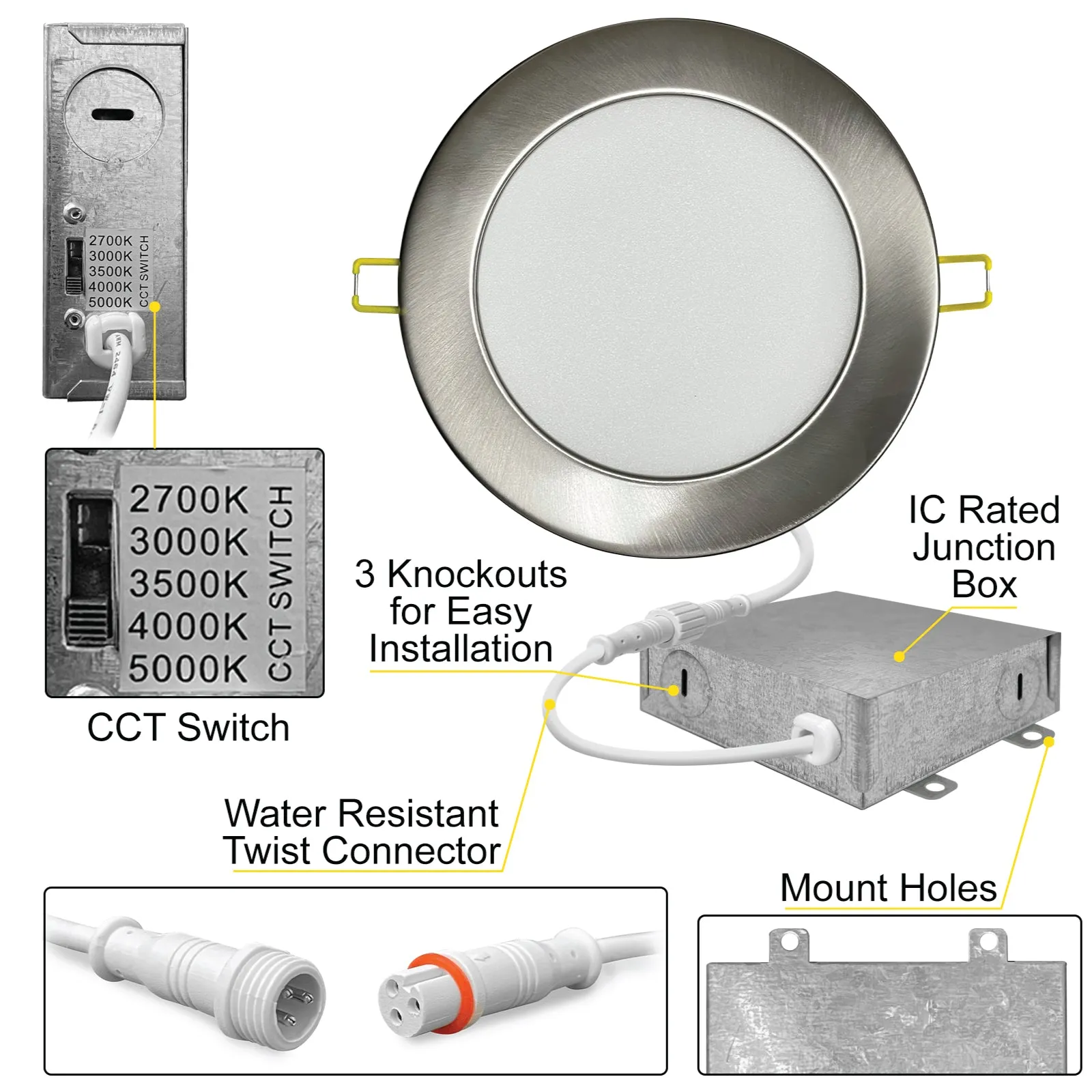 6" Inch Brushed Nickel Canless Recessed Lighting Slim LED Wafer Lights - Wet Rated - 5CCT 2700K-5000K - 1050LM