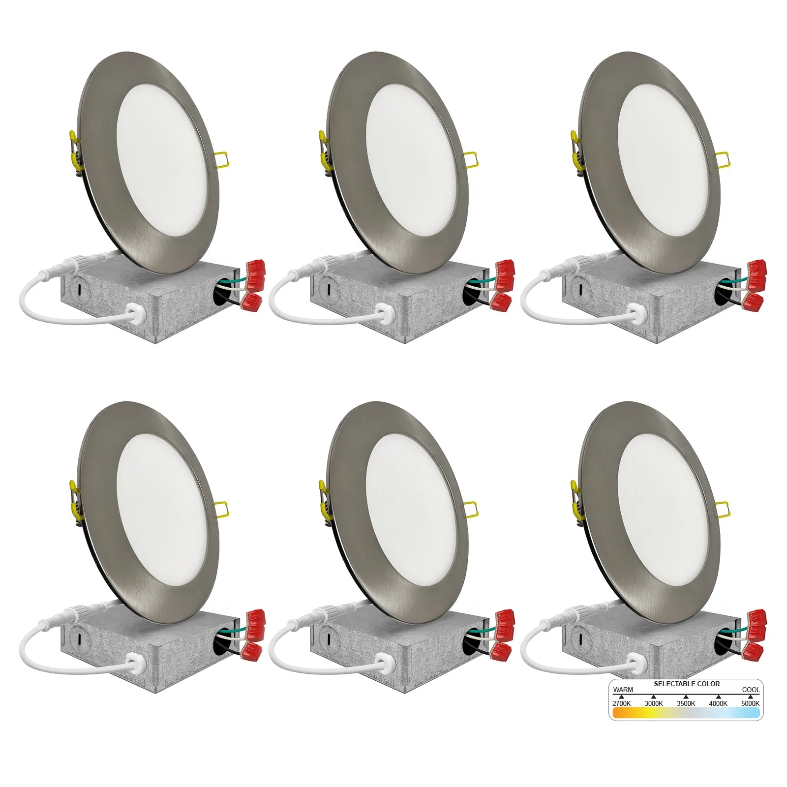 6" Inch Brushed Nickel Canless Recessed Lighting Slim LED Wafer Lights - Wet Rated - 5CCT 2700K-5000K - 1050LM