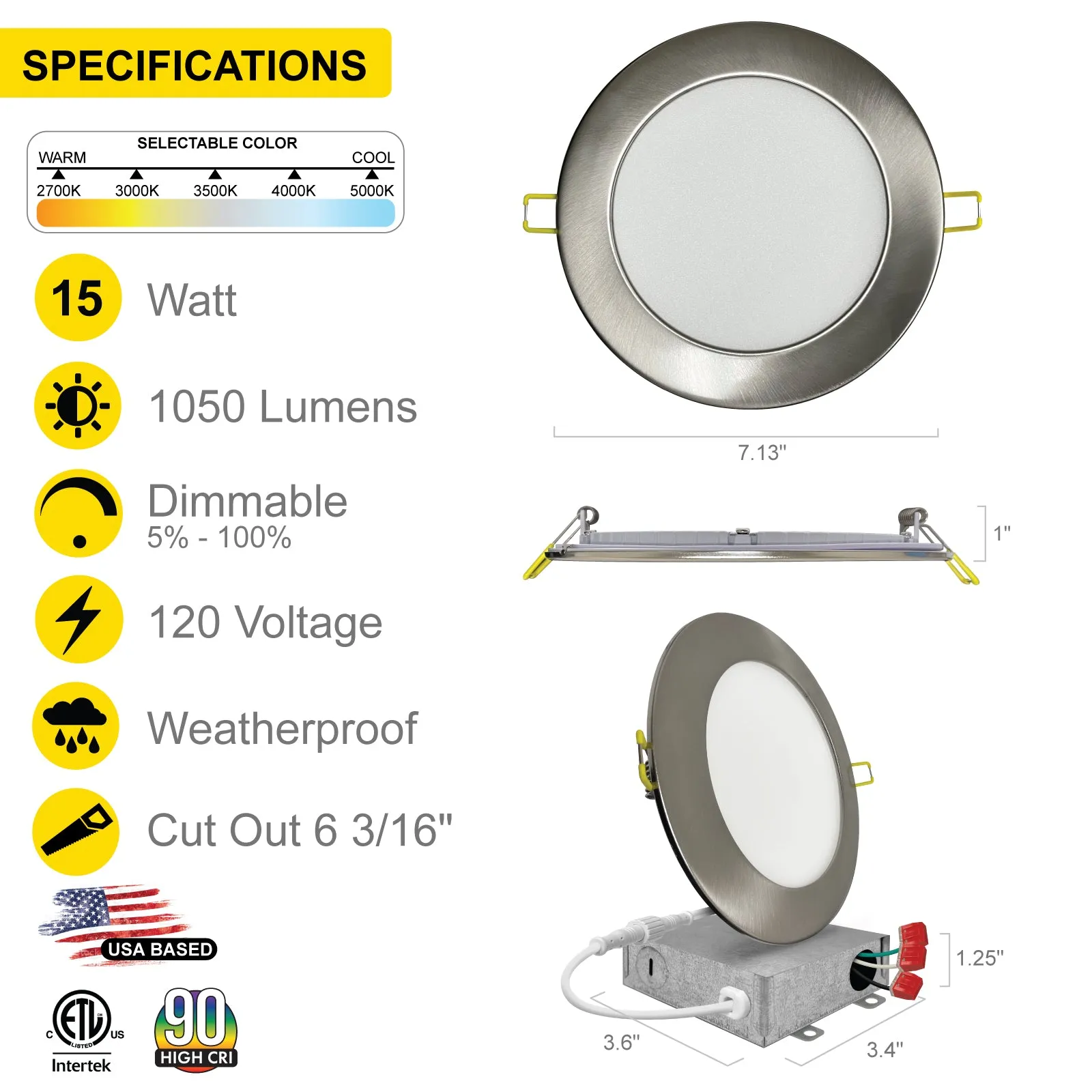 6" Inch Brushed Nickel Canless Recessed Lighting Slim LED Wafer Lights - Wet Rated - 5CCT 2700K-5000K - 1050LM