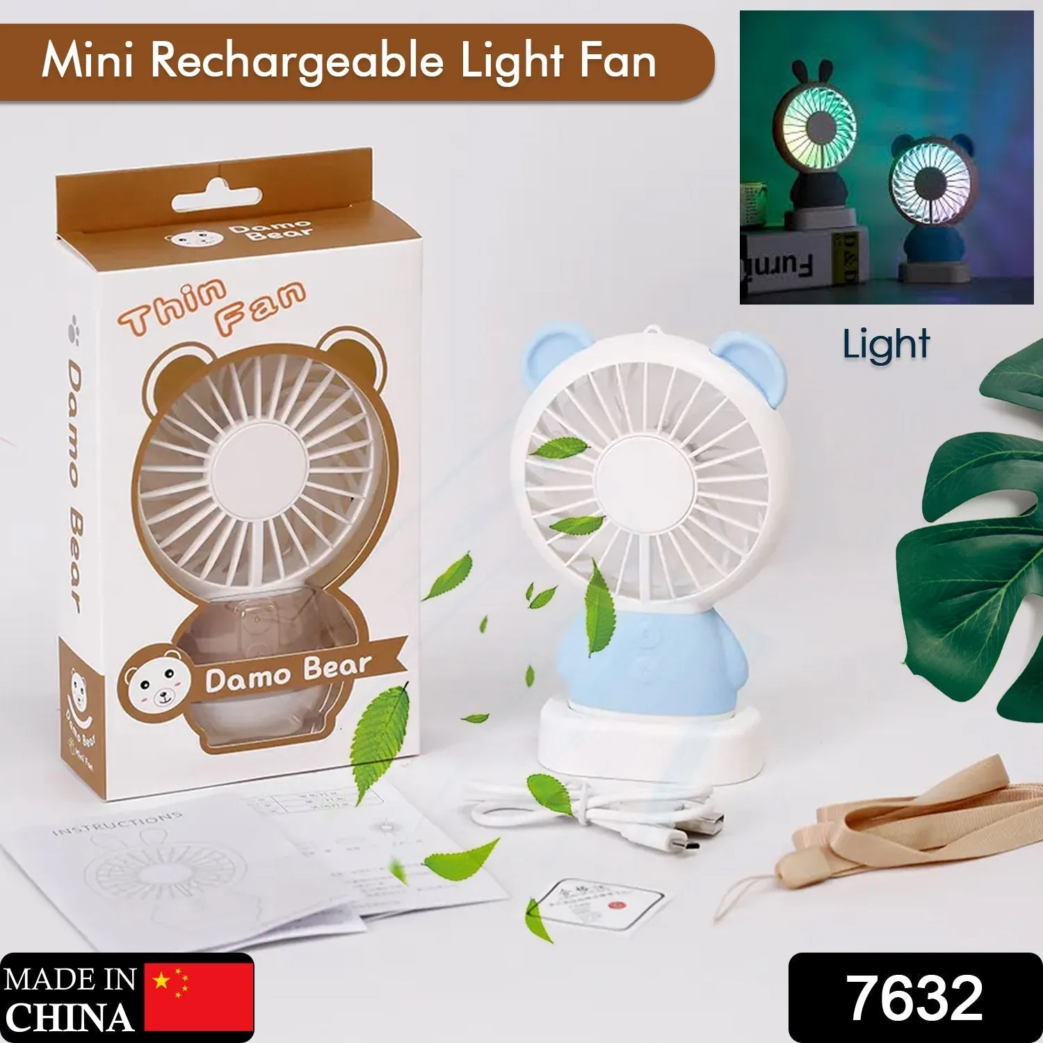 7632 MINI PORTABLE FAN USB RECHARGEABLE HANDHELD BEAR STYLE COLOR CHANGING LED LIGHT POCKET DESK LIGHT FAN (Battery Not Include)