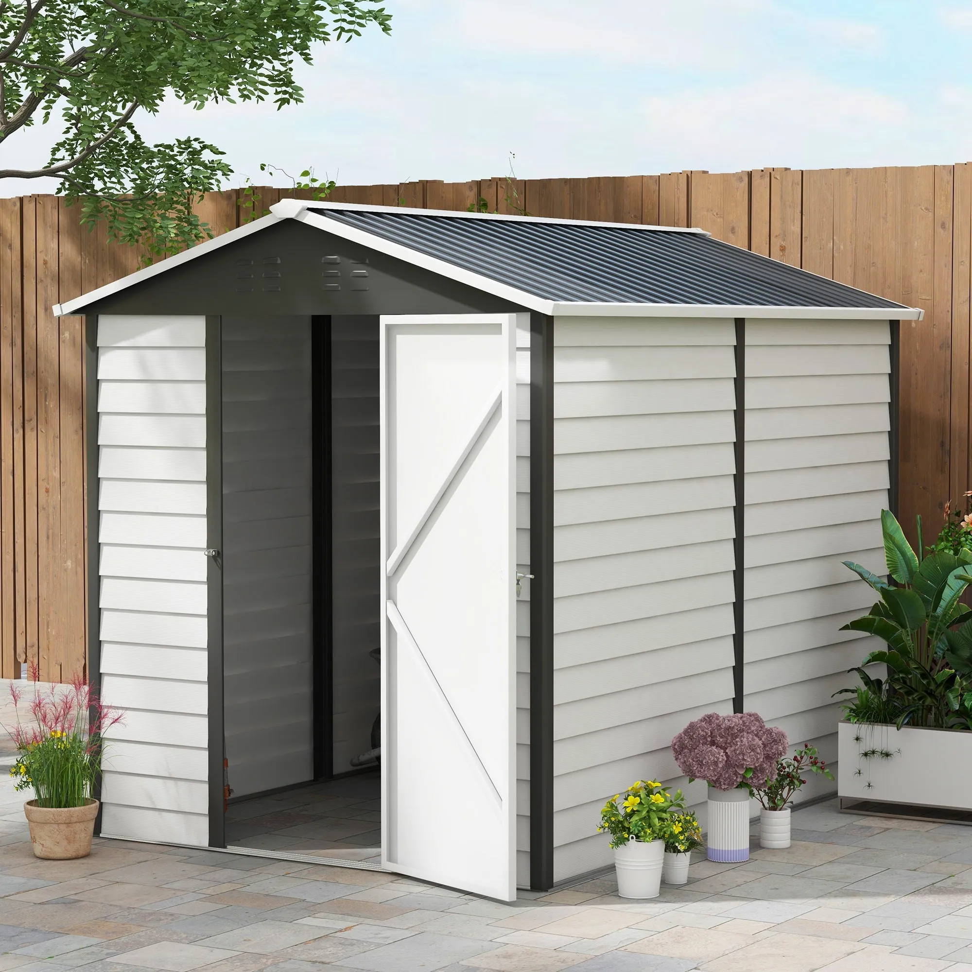 9x 6FT Metal Outdoor Garden Shed, Galvanised Tool Storage Shed w/ Sloped Roof, Lockable Door for Patio Lawn, Grey