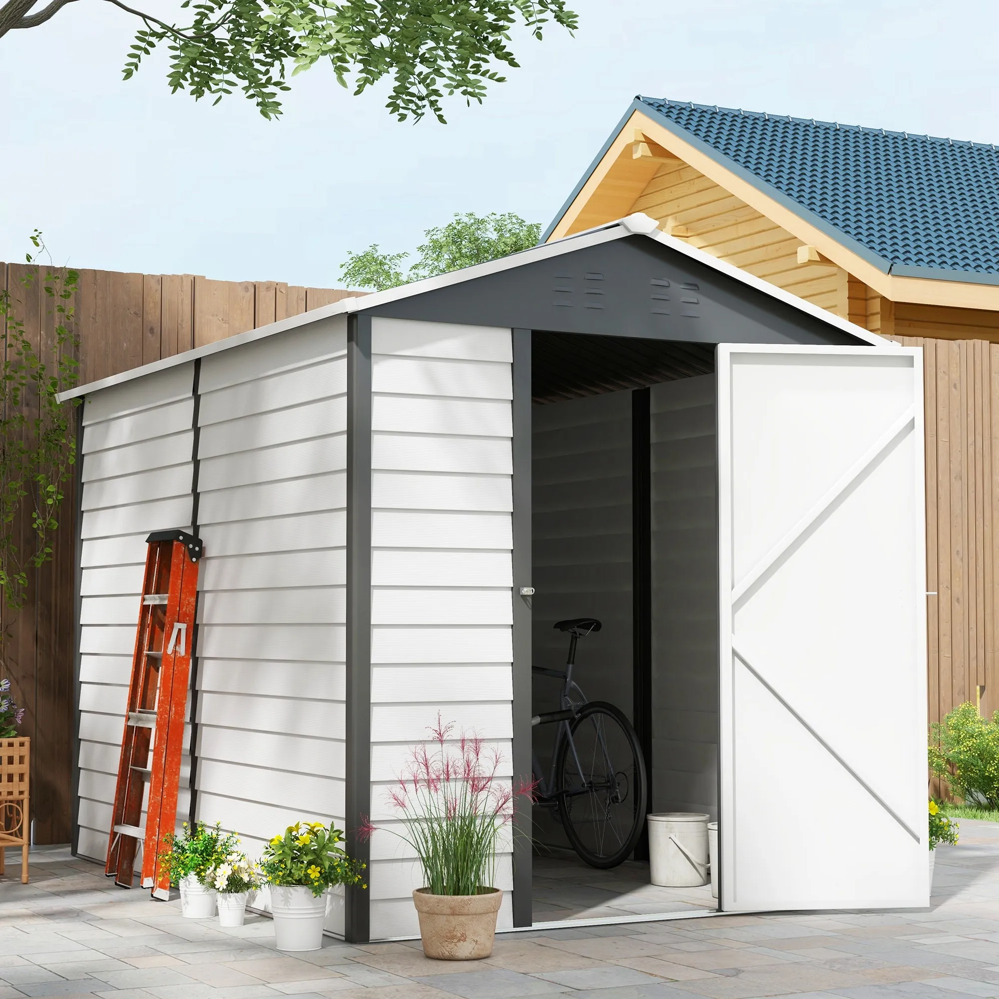 9x 6FT Metal Outdoor Garden Shed, Galvanised Tool Storage Shed w/ Sloped Roof, Lockable Door for Patio Lawn, Grey