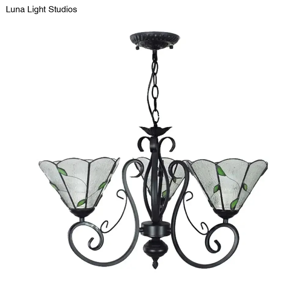 Adjustable Chain Vintage Glass Pendant Light - Leaf Ceiling Chandelier with 3 Lights in Blue/Clear for Living Room