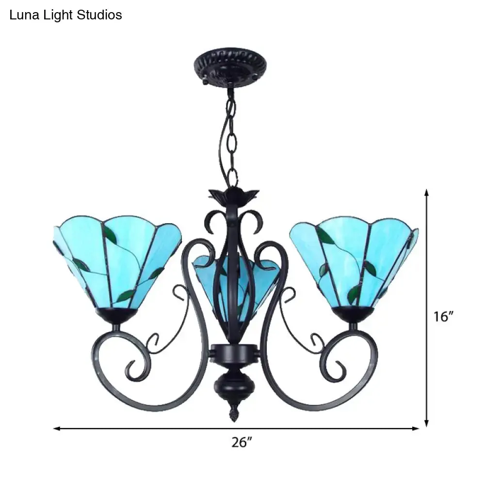 Adjustable Chain Vintage Glass Pendant Light - Leaf Ceiling Chandelier with 3 Lights in Blue/Clear for Living Room