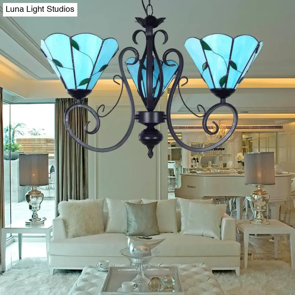 Adjustable Chain Vintage Glass Pendant Light - Leaf Ceiling Chandelier with 3 Lights in Blue/Clear for Living Room