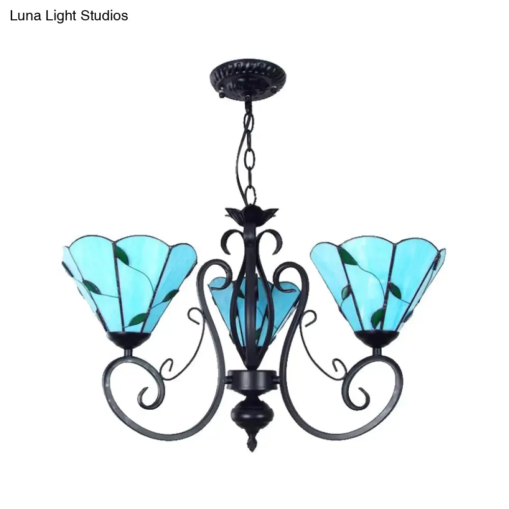 Adjustable Chain Vintage Glass Pendant Light - Leaf Ceiling Chandelier with 3 Lights in Blue/Clear for Living Room