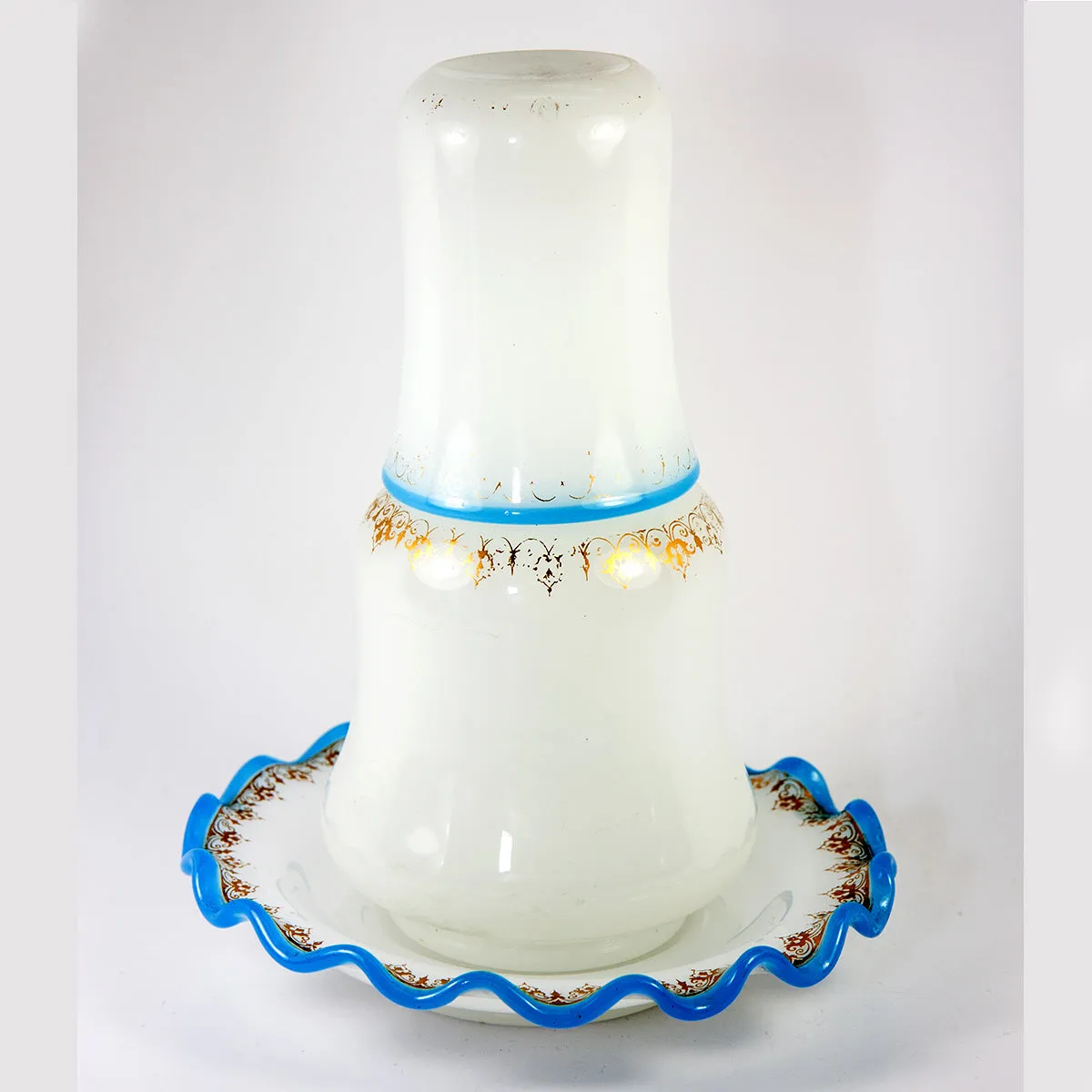 Antique French Opaline Glass Bonne Nuit, Night Water Decanter, Saucer & Cup