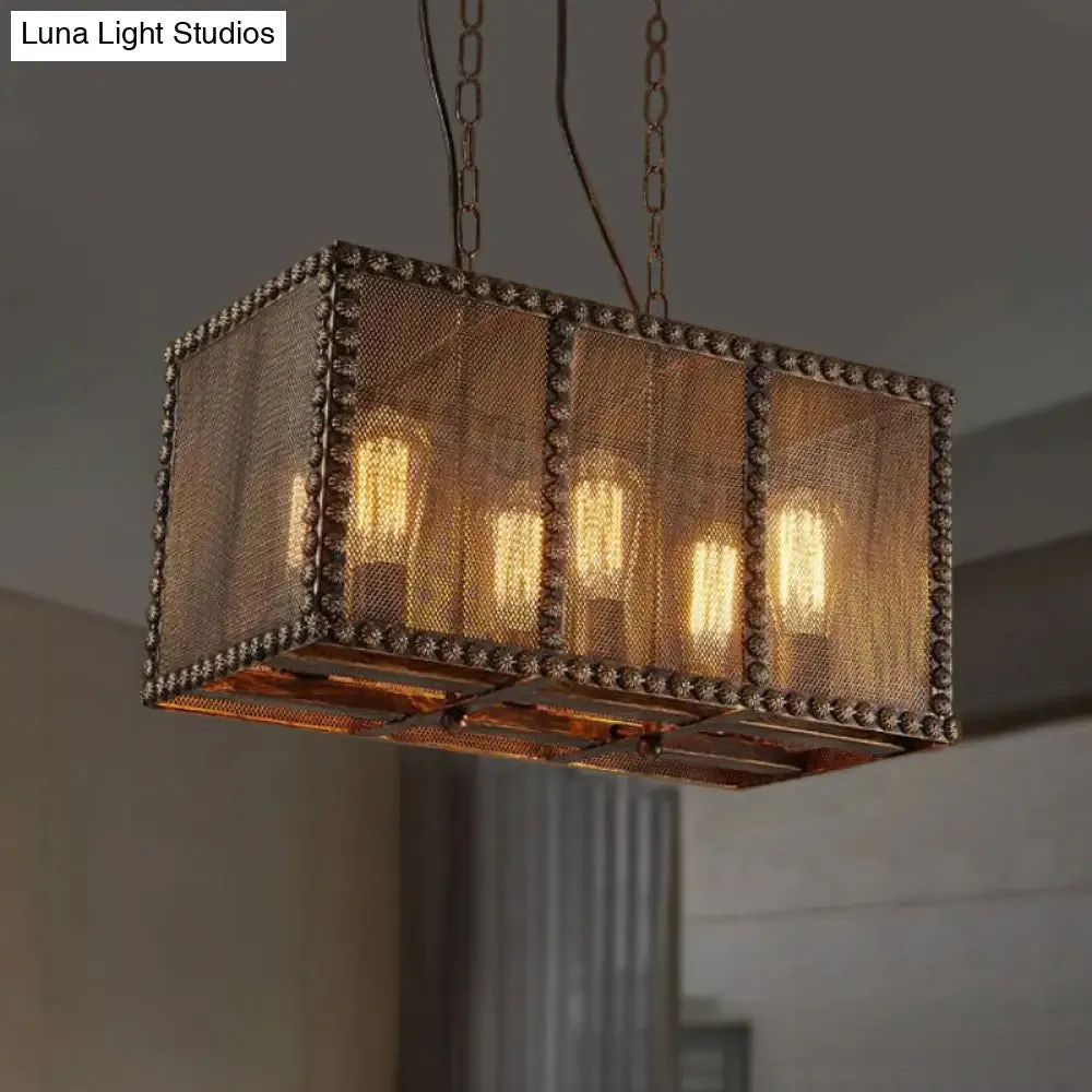 Antique Style Rectangle Cage Metal Chandelier: Rustic 6-Light Ceiling Fixture with Mesh Screen and Rivets