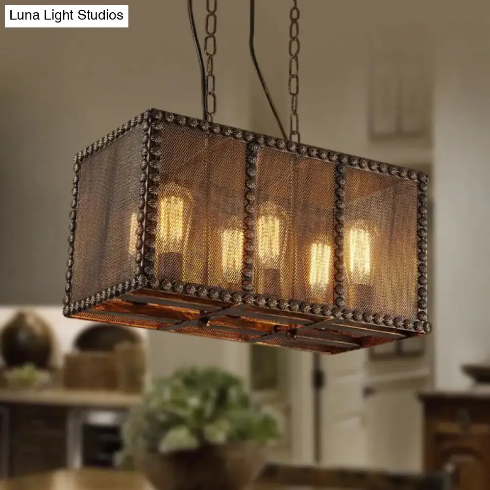 Antique Style Rectangle Cage Metal Chandelier: Rustic 6-Light Ceiling Fixture with Mesh Screen and Rivets