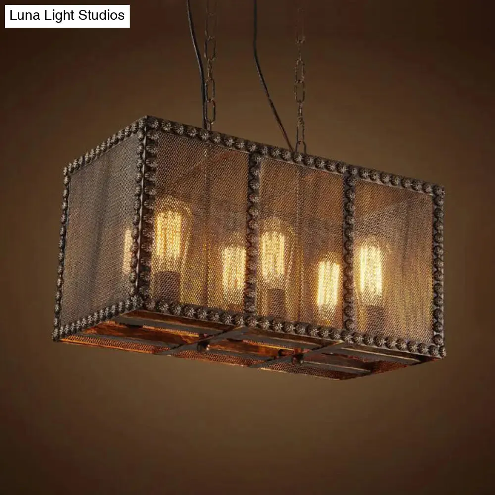 Antique Style Rectangle Cage Metal Chandelier: Rustic 6-Light Ceiling Fixture with Mesh Screen and Rivets