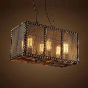 Antique Style Rectangle Cage Metal Chandelier: Rustic 6-Light Ceiling Fixture with Mesh Screen and Rivets