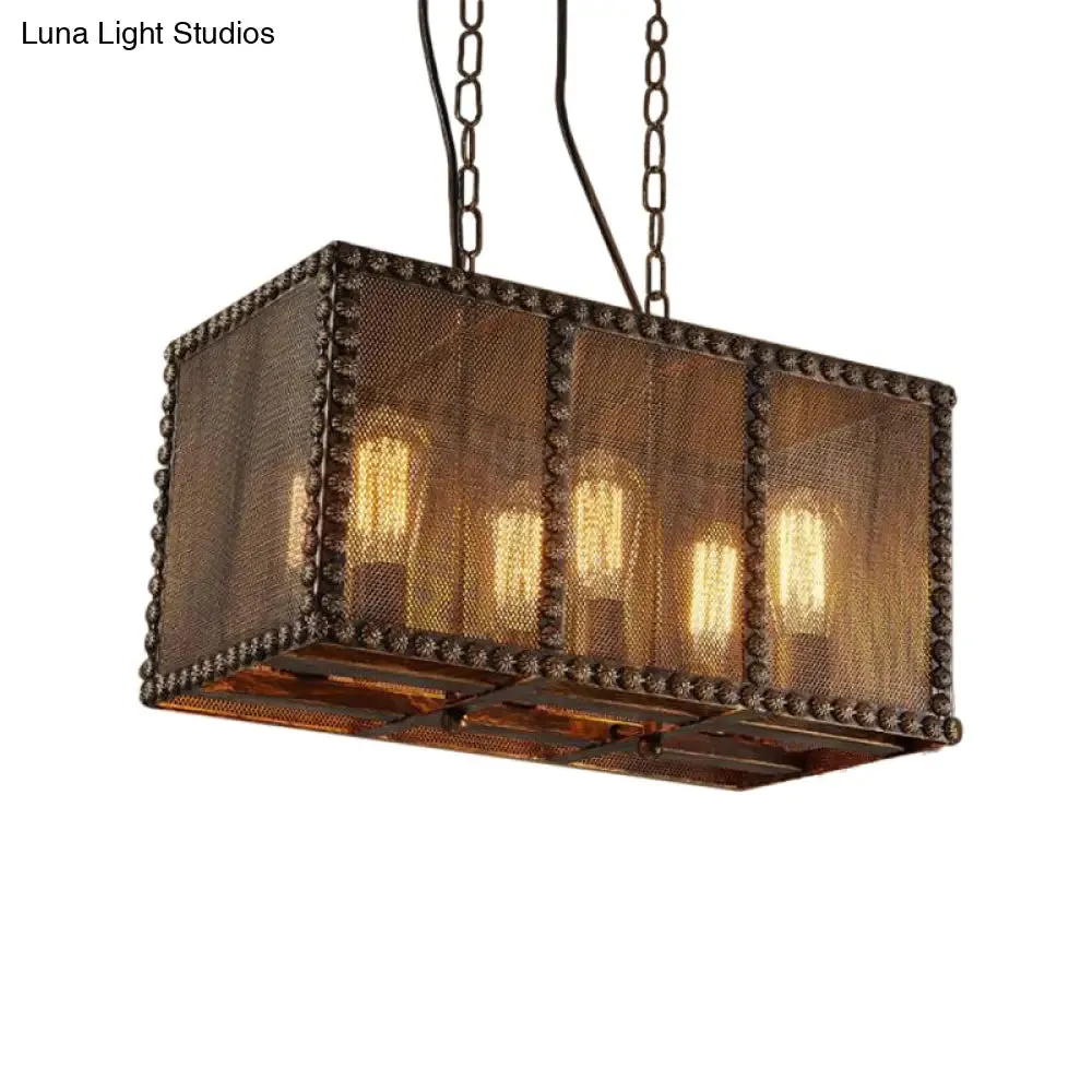 Antique Style Rectangle Cage Metal Chandelier: Rustic 6-Light Ceiling Fixture with Mesh Screen and Rivets