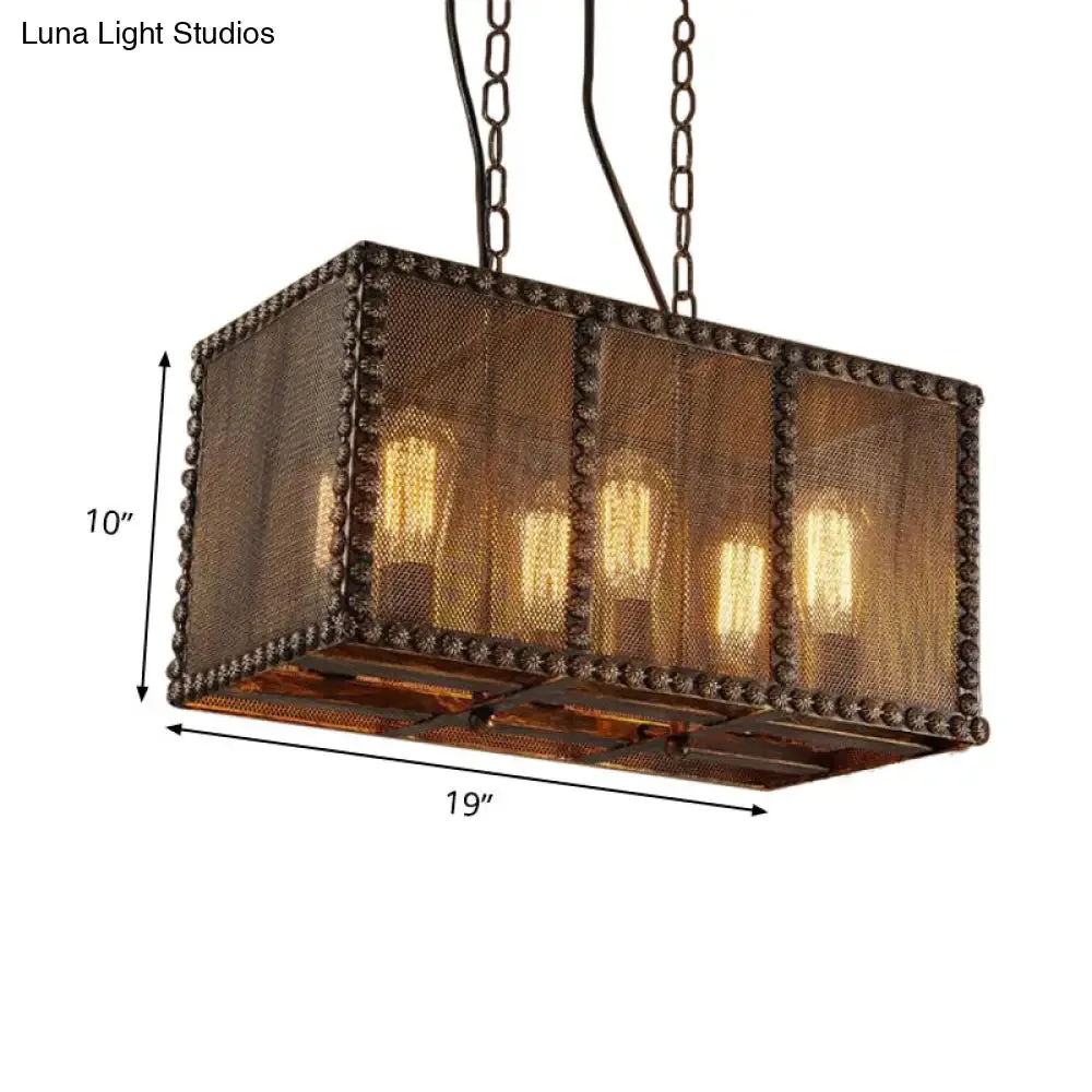 Antique Style Rectangle Cage Metal Chandelier: Rustic 6-Light Ceiling Fixture with Mesh Screen and Rivets