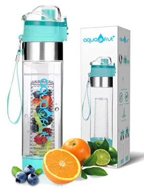 Aquafrut Bottle BPA-Free Tritan Plastic Leak Proof Loading Fruit Infuser Water Bottle with One Click Open Lid with Infusion Recipe eBook, 24 oz, Teal