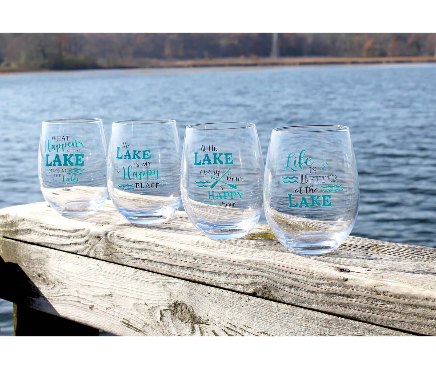 At the Lake - Set of 4 - Stemless Wine Glasses