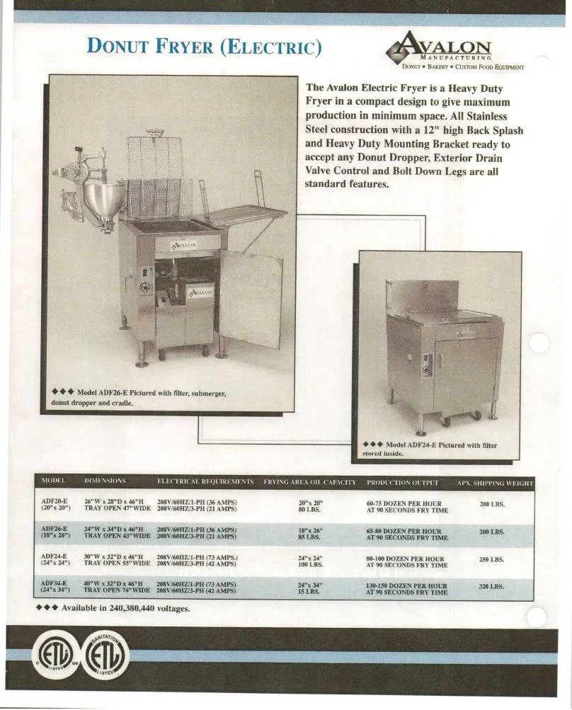 Avalon Electric Donut Fryer 20" X 20" (1 phase) Left Side Drain Board (ADF20-E)