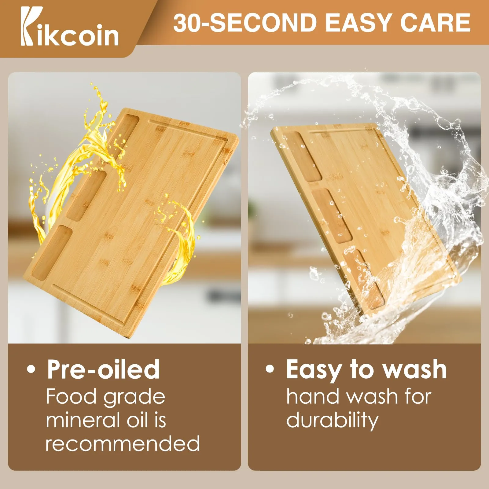 Bamboo Cutting Boards for Kitchen, (Set of 3) Kitchen Chopping Board with 3 Built-In Compartments and Juice Groove Heavy Duty Serving Tray Wood Butcher Block and Wooden Carving Board, Kikcoin