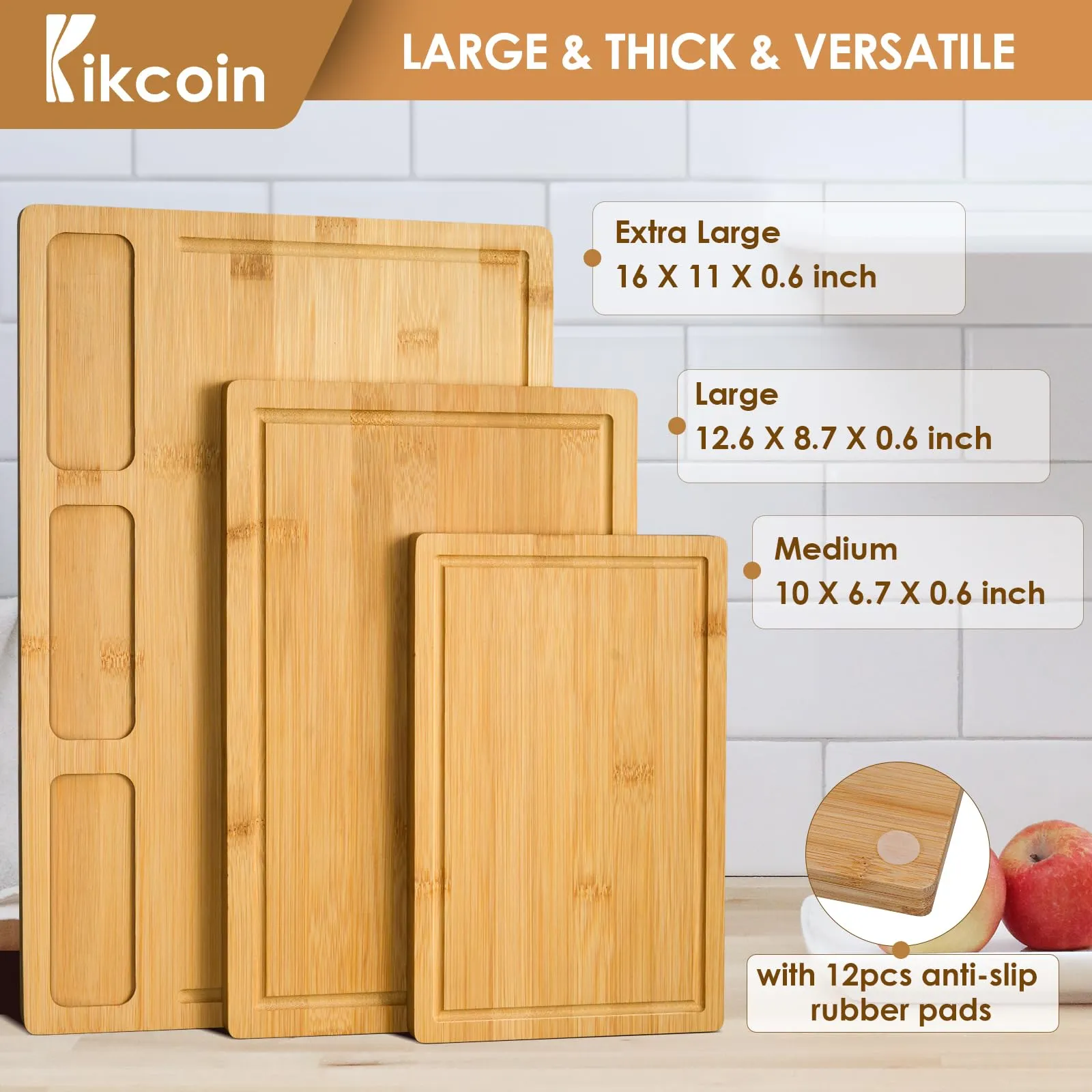 Bamboo Cutting Boards for Kitchen, (Set of 3) Kitchen Chopping Board with 3 Built-In Compartments and Juice Groove Heavy Duty Serving Tray Wood Butcher Block and Wooden Carving Board, Kikcoin