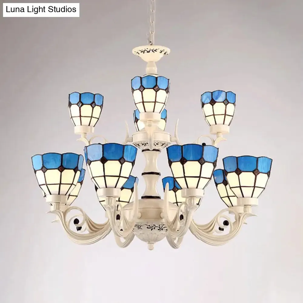 Baroque White Stained Glass Chandelier - 12-Light Grid Pattern Pendant Light Fixture