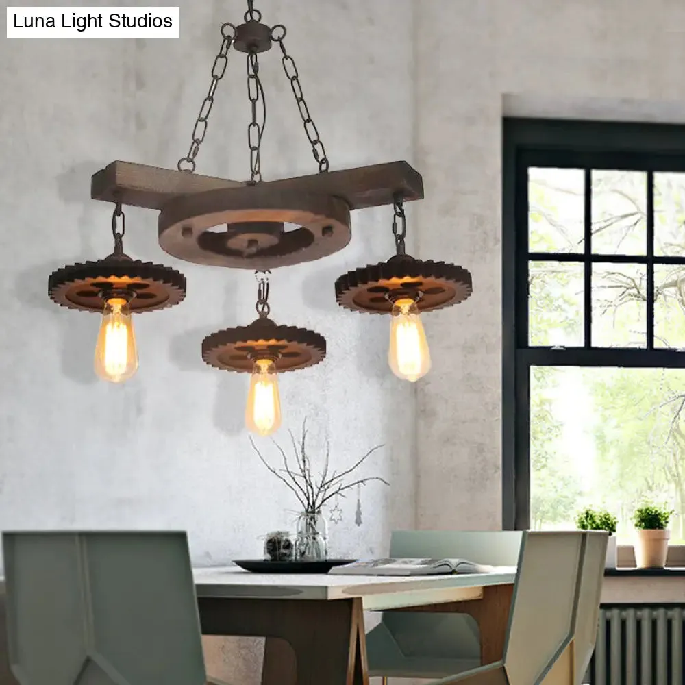 Black Industrial Chandelier: 3/7-Light Metal Gear Down Lighting with Wooden Shelf