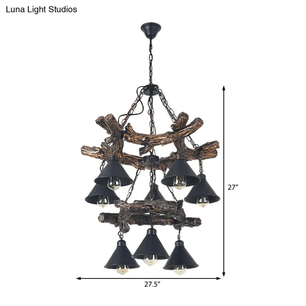 Black Industrial Metal Cone Chandelier - Stylish Hanging Lamp for Dining Room - 3/5/8 Lights with Resin Shelf