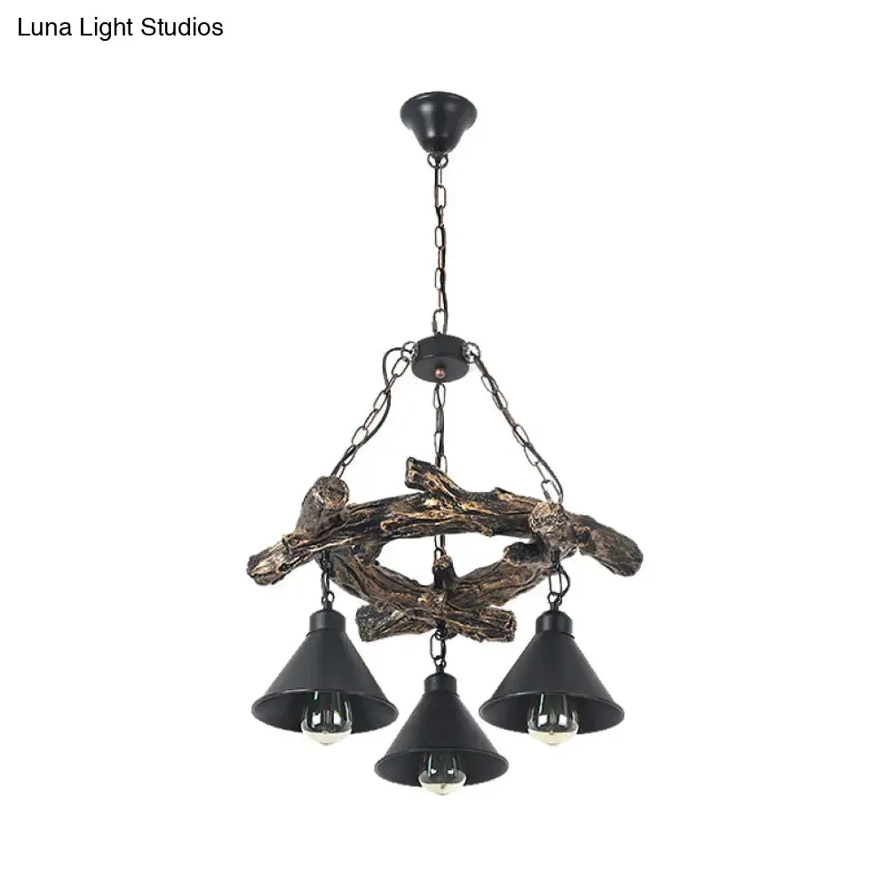 Black Industrial Metal Cone Chandelier - Stylish Hanging Lamp for Dining Room - 3/5/8 Lights with Resin Shelf