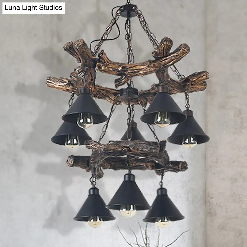 Black Industrial Metal Cone Chandelier - Stylish Hanging Lamp for Dining Room - 3/5/8 Lights with Resin Shelf