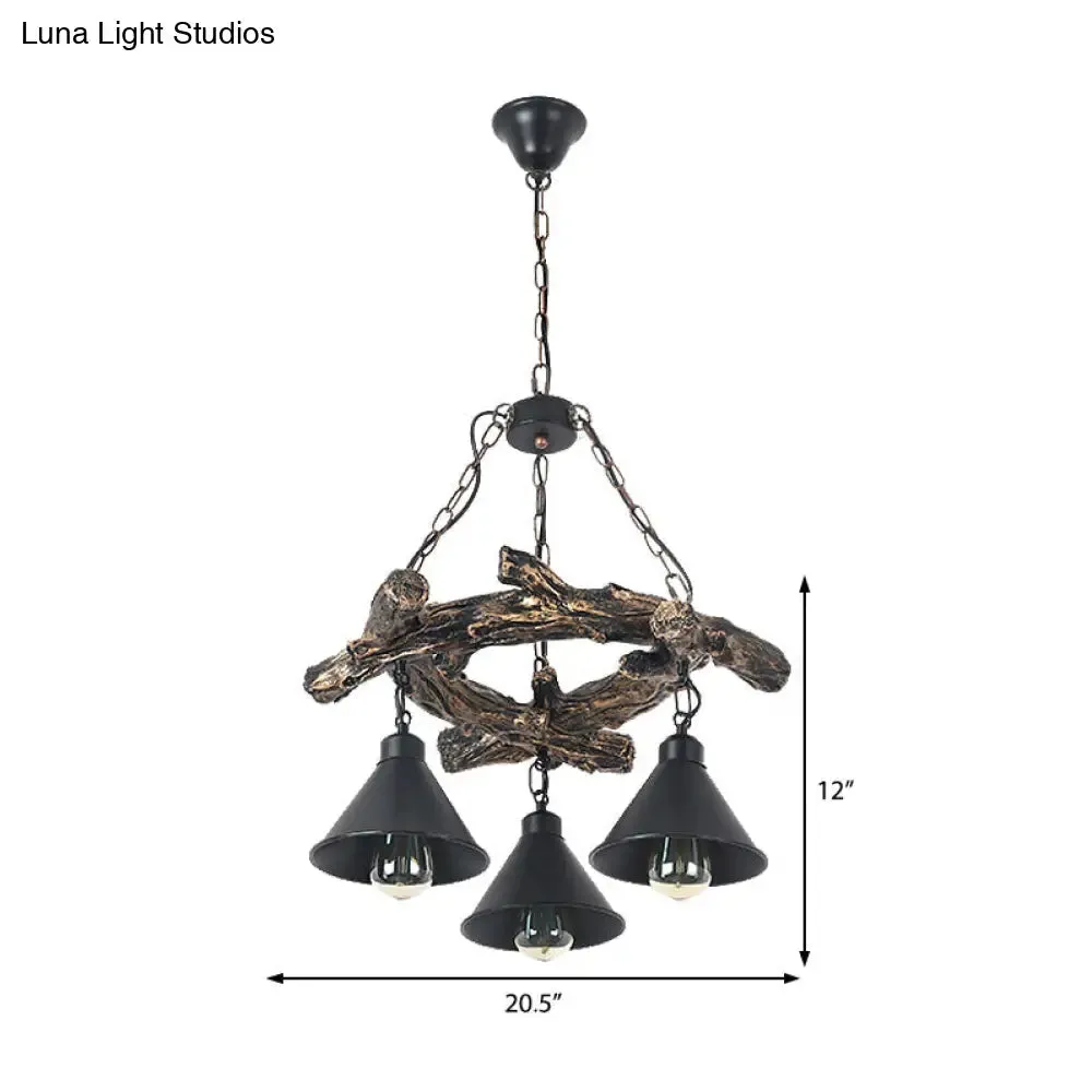 Black Industrial Metal Cone Chandelier - Stylish Hanging Lamp for Dining Room - 3/5/8 Lights with Resin Shelf