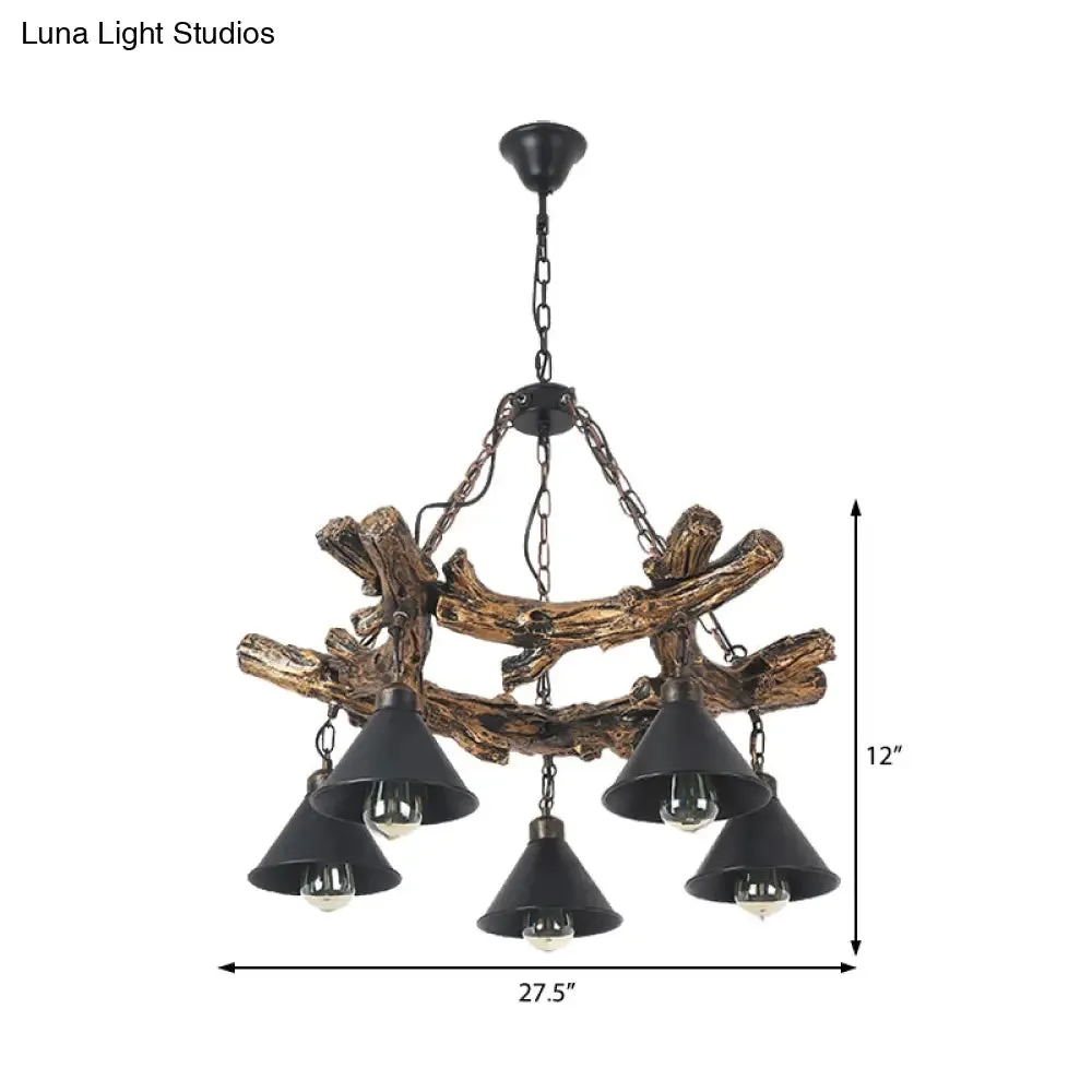 Black Industrial Metal Cone Chandelier - Stylish Hanging Lamp for Dining Room - 3/5/8 Lights with Resin Shelf