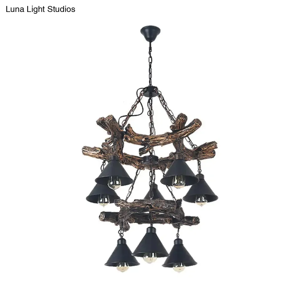 Black Industrial Metal Cone Chandelier - Stylish Hanging Lamp for Dining Room - 3/5/8 Lights with Resin Shelf