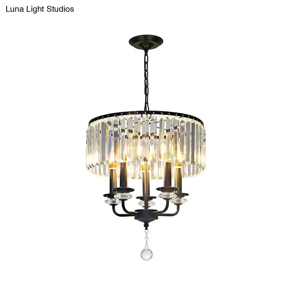 Black Modernist Crystal Block Chandelier with Drum Shade - 5 Light Suspension Lamp