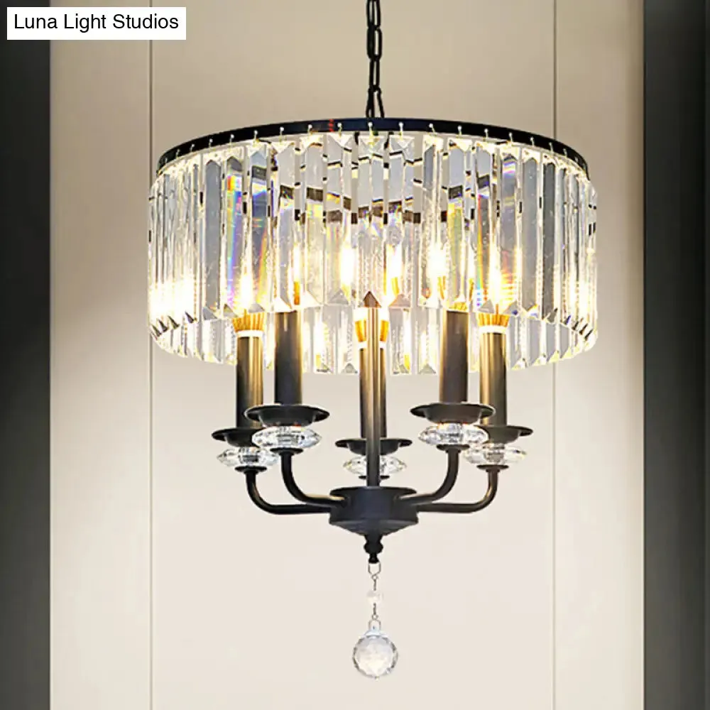 Black Modernist Crystal Block Chandelier with Drum Shade - 5 Light Suspension Lamp