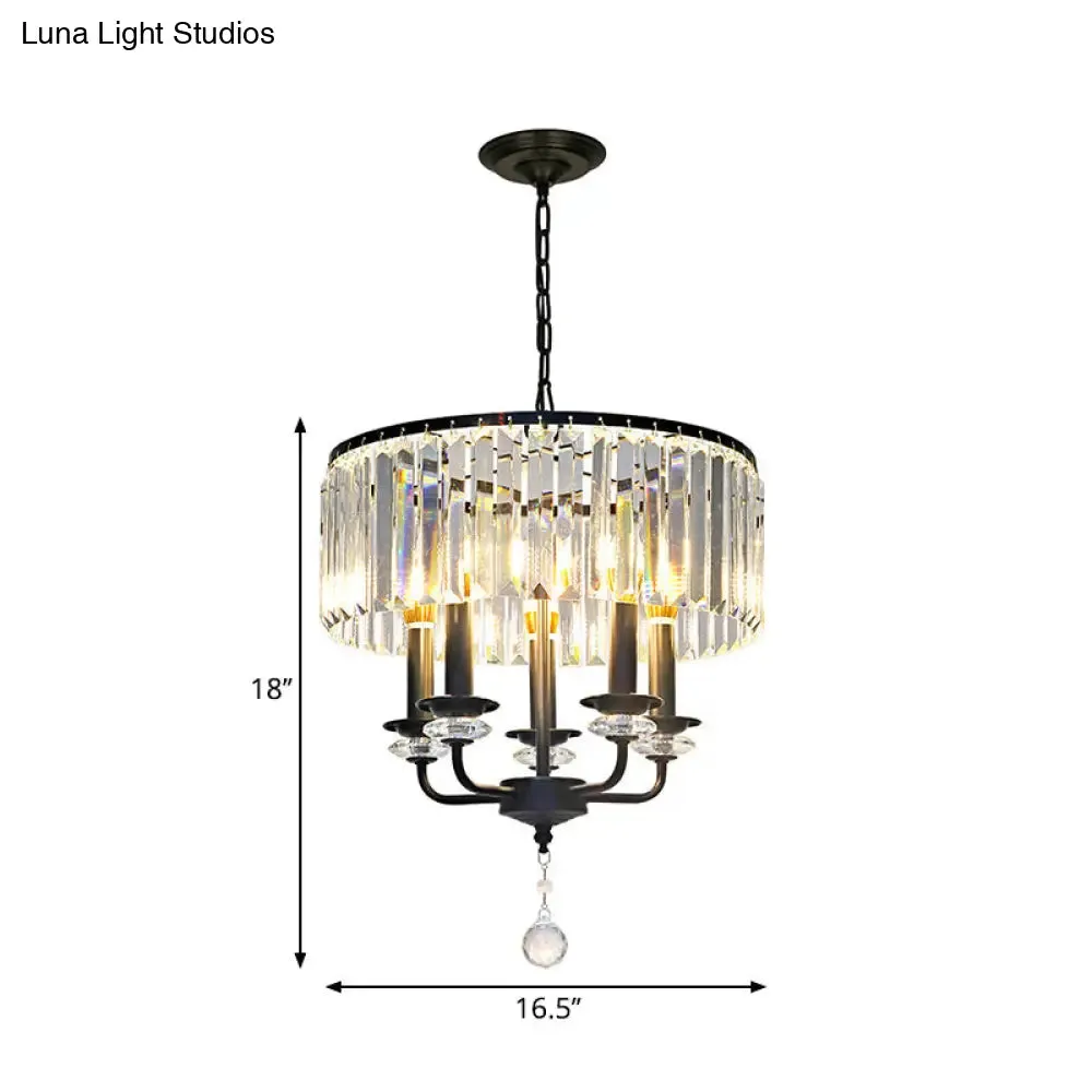 Black Modernist Crystal Block Chandelier with Drum Shade - 5 Light Suspension Lamp