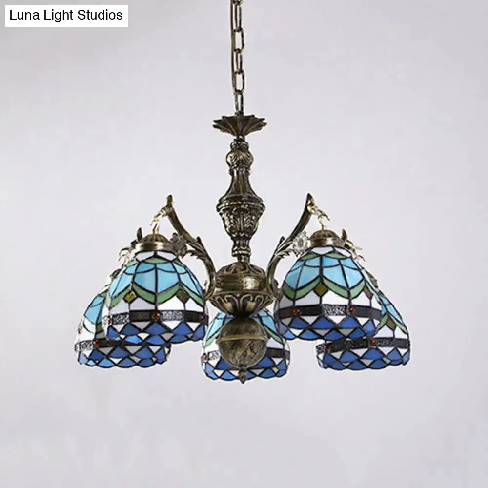 Blue Baroque Dome Stained Glass Chandelier - 5 Light Suspension Lamp for Living Room