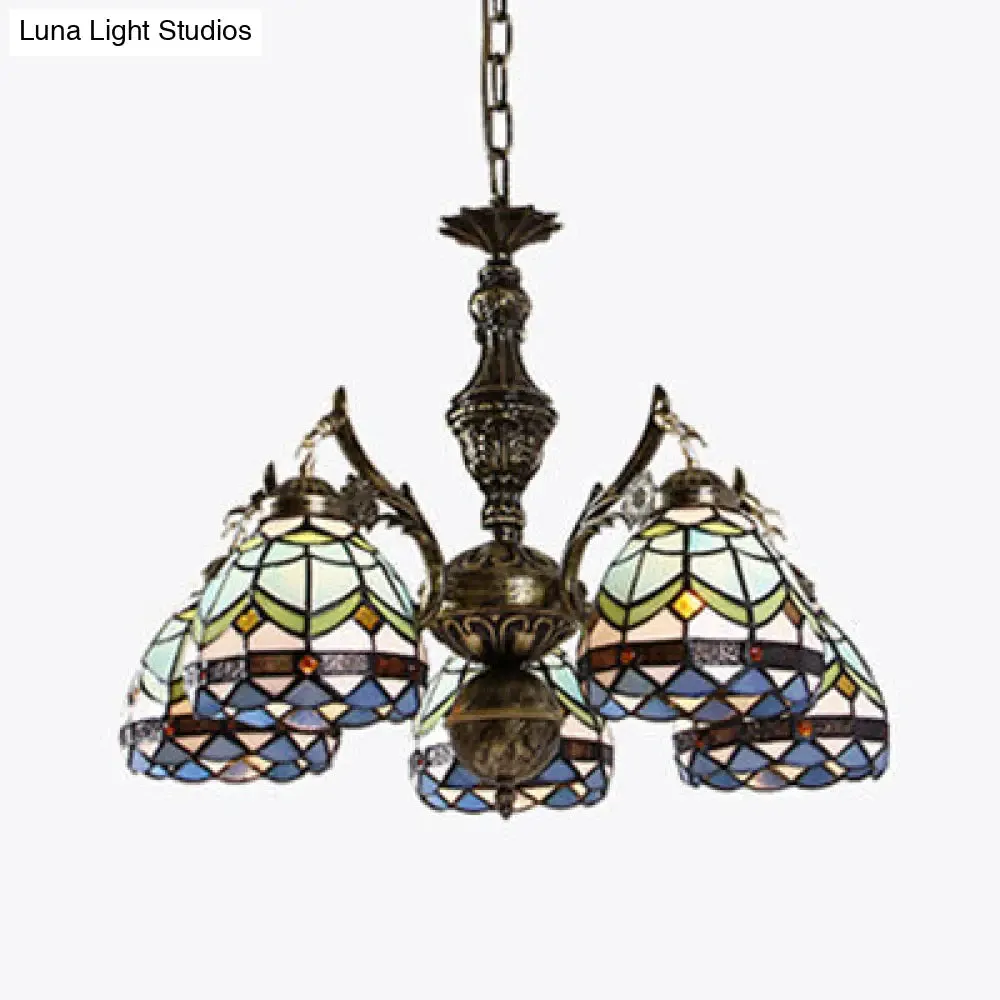 Blue Baroque Dome Stained Glass Chandelier - 5 Light Suspension Lamp for Living Room