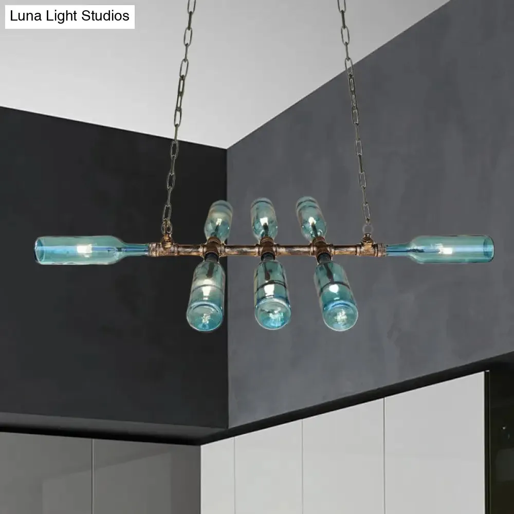 Blue/Amber Vintage Style Glass Bottle Chandelier Pendant Light with Pipe - 8 Heads - Ideal for Stairway