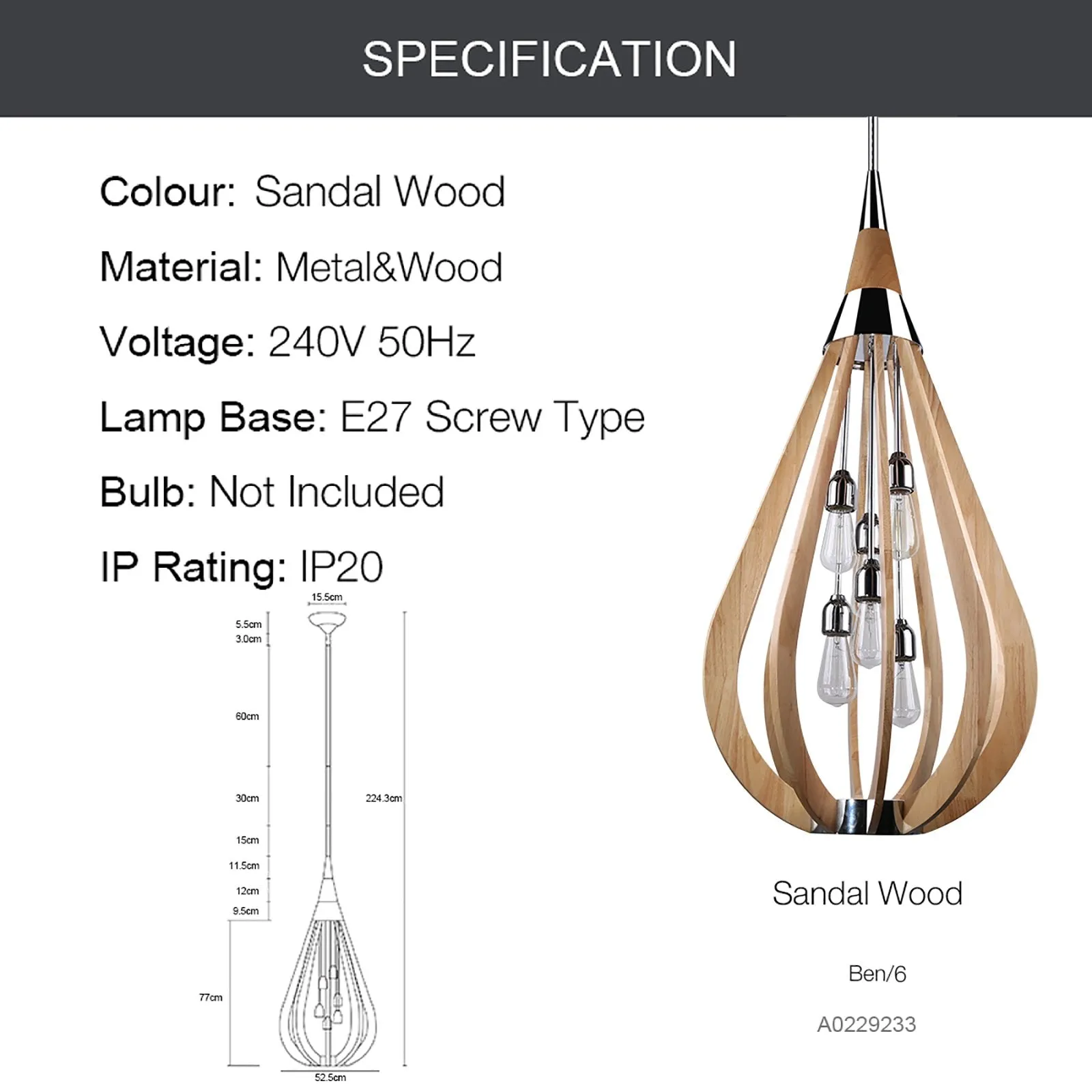 BONITO 6-Light Timber Round Nature Wood E27 Chandelier - Chandeliers Australia