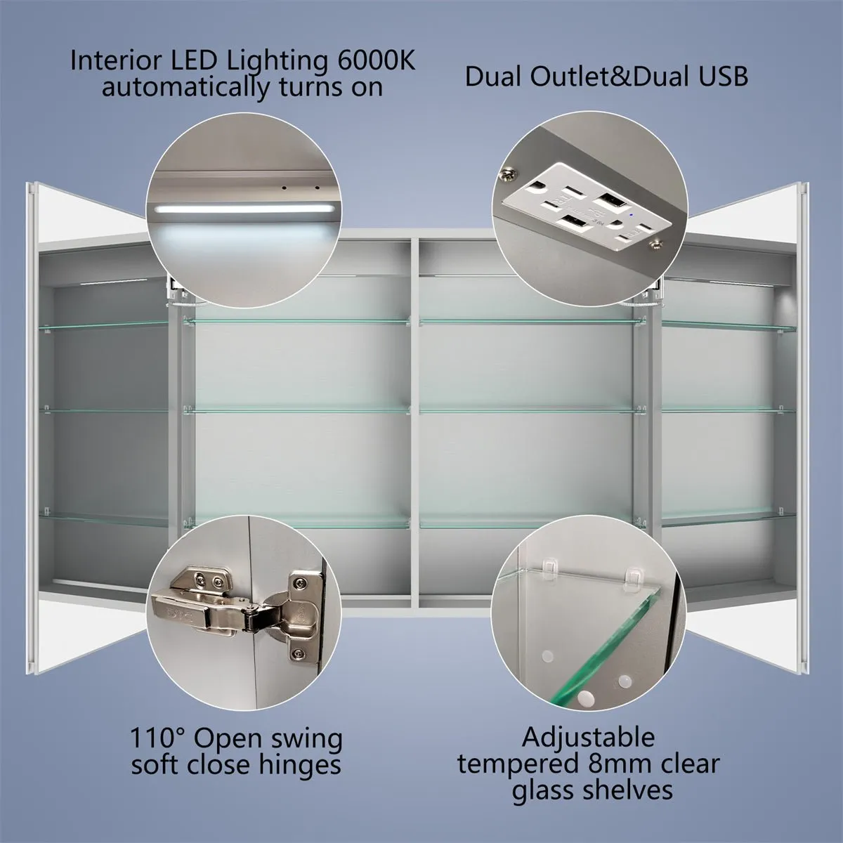 Boost-M1 40" W x 30" H Light Medicine Cabinet Recessed or Surface Mount Framed Aluminum Adjustable Shelves Vanity Mirror Cabinet