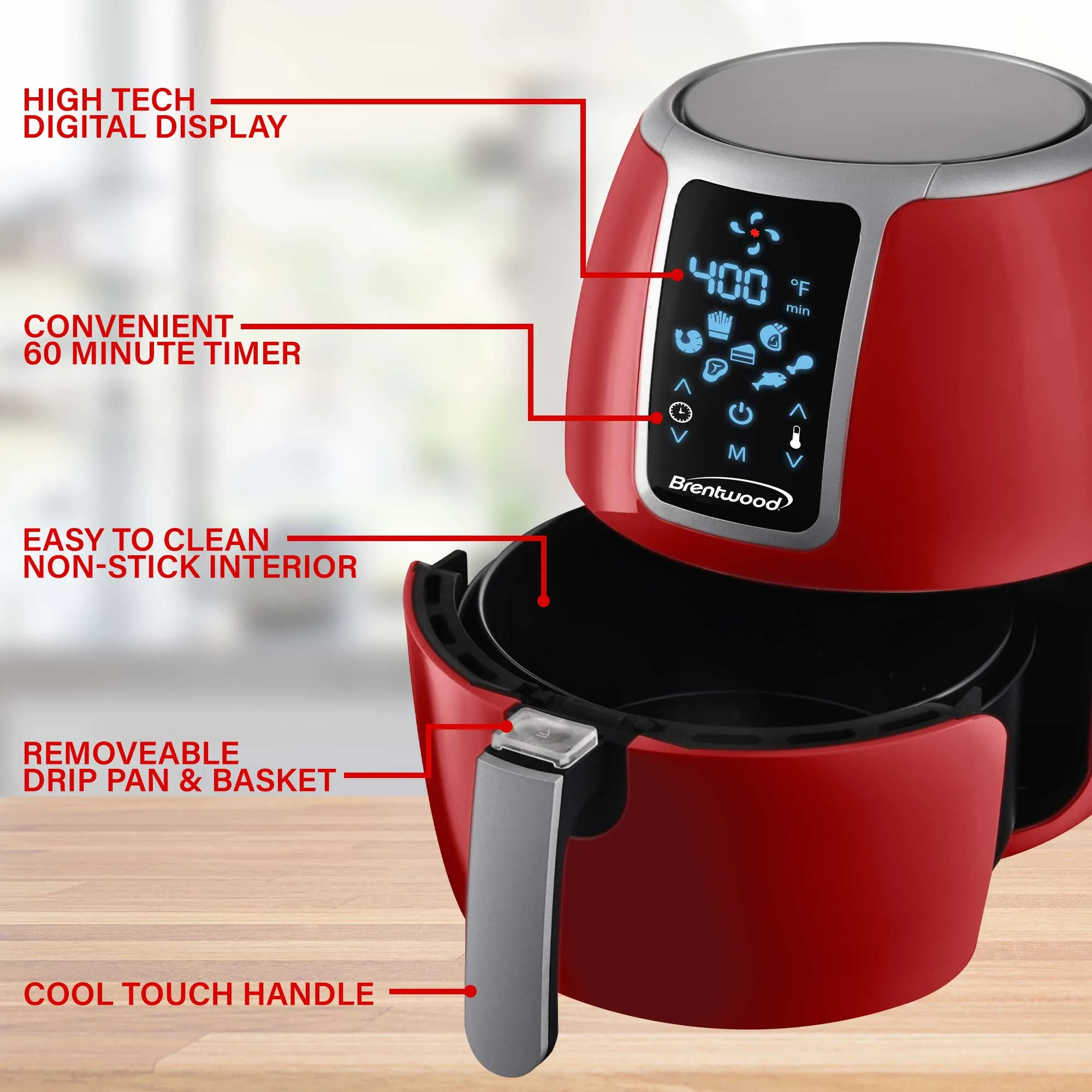 Brentwood AF-400DR 4-Quart Electric Digital Air Fryer, Timer & Temp. Control