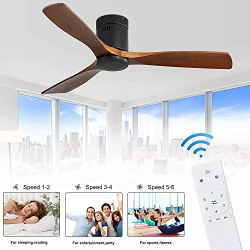 CACI Mall 52''Ceiling Fan Without Lights, Remote Control, Wood Modern Retro Flush Mount Ceiling Fan for Indoor Outdoor， Bedroom, Dining Room, Patio, Living Room, Farmhouse, Office