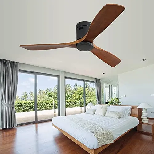 CACI Mall 52''Ceiling Fan Without Lights, Remote Control, Wood Modern Retro Flush Mount Ceiling Fan for Indoor Outdoor， Bedroom, Dining Room, Patio, Living Room, Farmhouse, Office