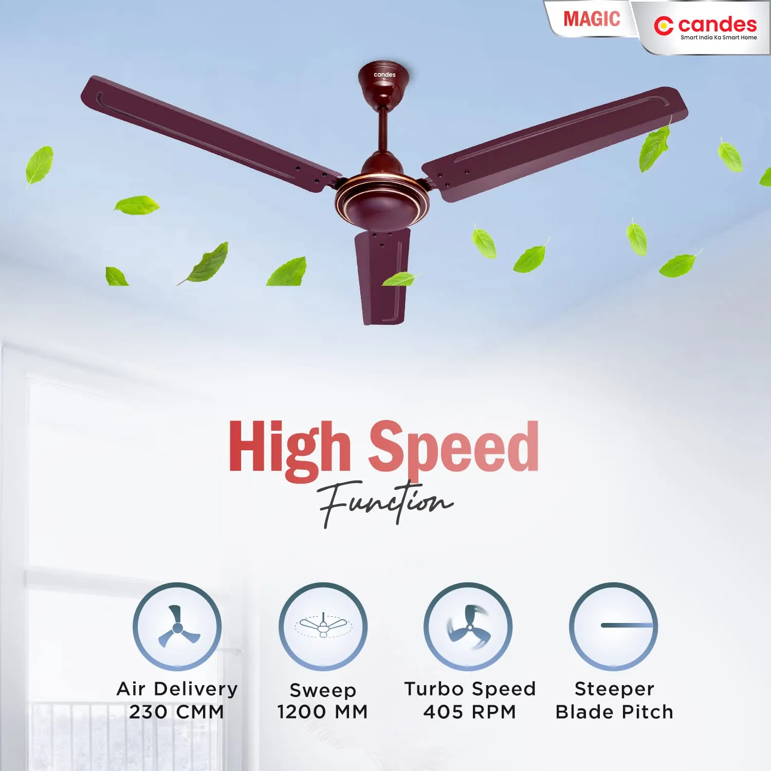 Candes Magic 48 inch /1200 MM High Speed Anti Dust Ceiling Fan, 405 RPM with 2 Years Warranty (Brown, Pack of 2)